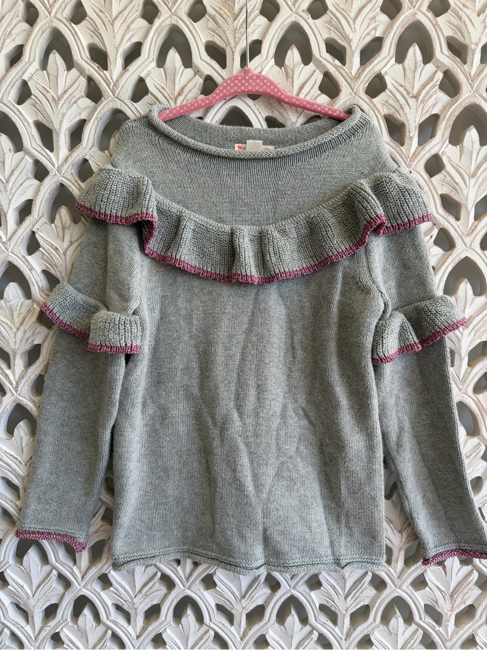 Crewcuts Girls 6-7 Gray Ruffle Knit Sweater Pink Trim